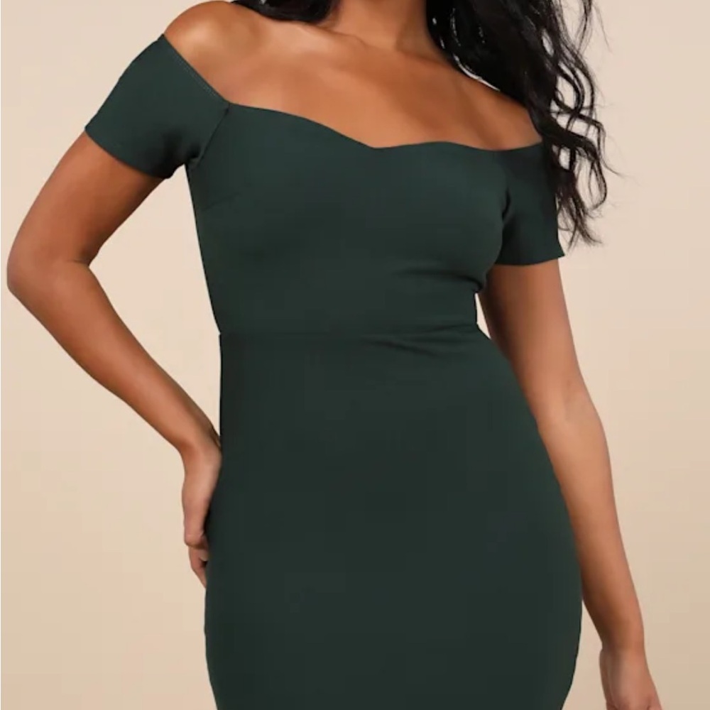 Lulu's Off-Shoulder Dark Green High Low Dress - Picture 2 of 3